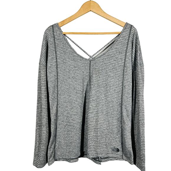 The North Face Long Sleeve Ribbed Tee V Neck Cross Back Gray - M - Picture 1 of 5